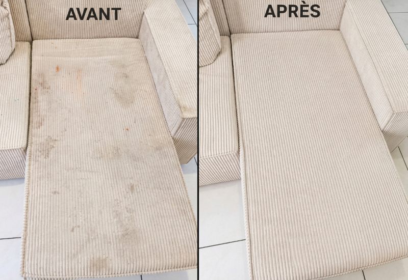Comparaison avant et après nettoyage professionnel d un canapé d angle en velours côtelé beige très sale.